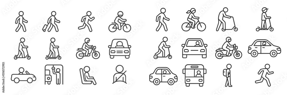 Poster various transportation icons illustrating different modes of travel and movement in a modern city en