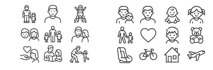 Naklejka premium Variety of simple line drawings depicting families, children, and everyday activities in a playful style