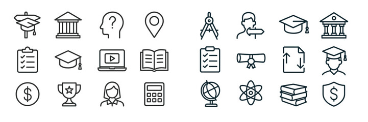 Educational symbols and icons representing various academic activities and institutions in a minimalistic design