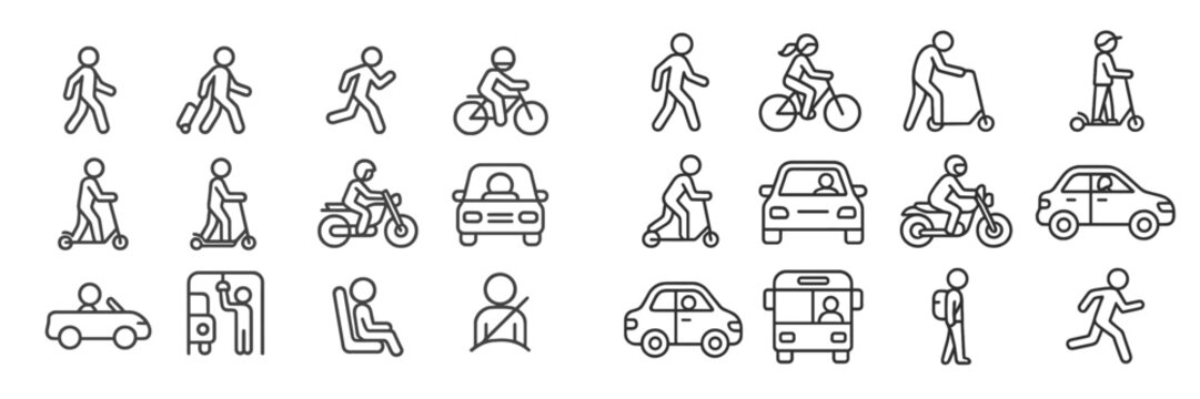 Various transportation icons illustrating different modes of travel and movement in a modern city environment
