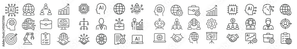 Poster modern digital icons representing technology, business, and artificial intelligence concepts in a mi