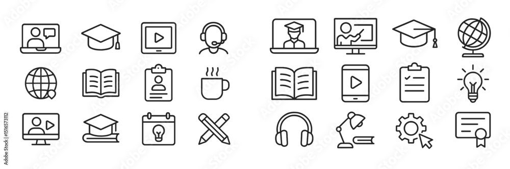 Poster educational icons representing various learning and training activities in a digital format on a whi