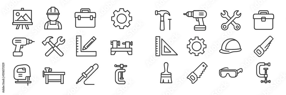 Poster collection of construction and workshop tools and symbols used in various trades and craftsmanship