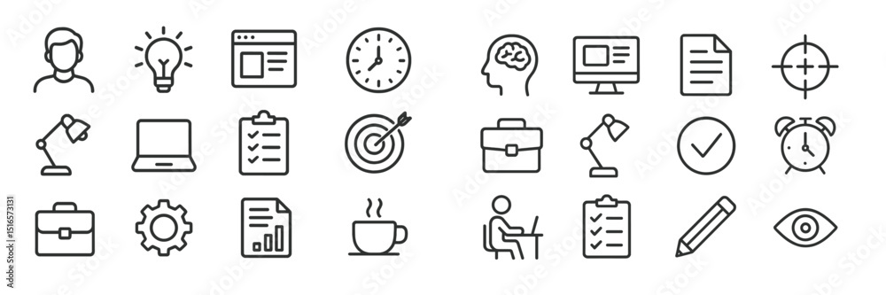 Aufkleber various minimalistic icons representing work, creativity, and time management in a monochrome design