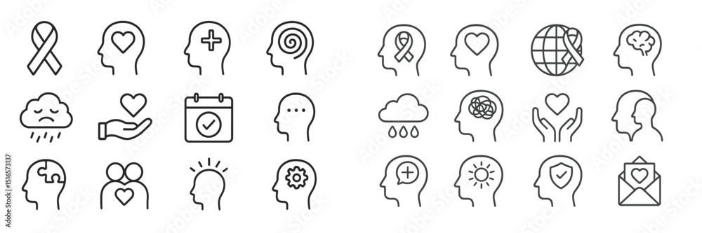 Poster Collection of simple line icons representing mental health awareness and support in an abstract design