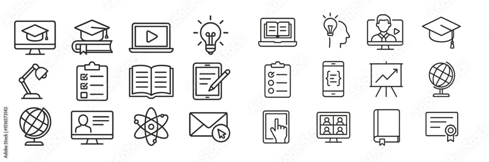Aufkleber educational icons representing various online learning and teaching activities in a modern digital c