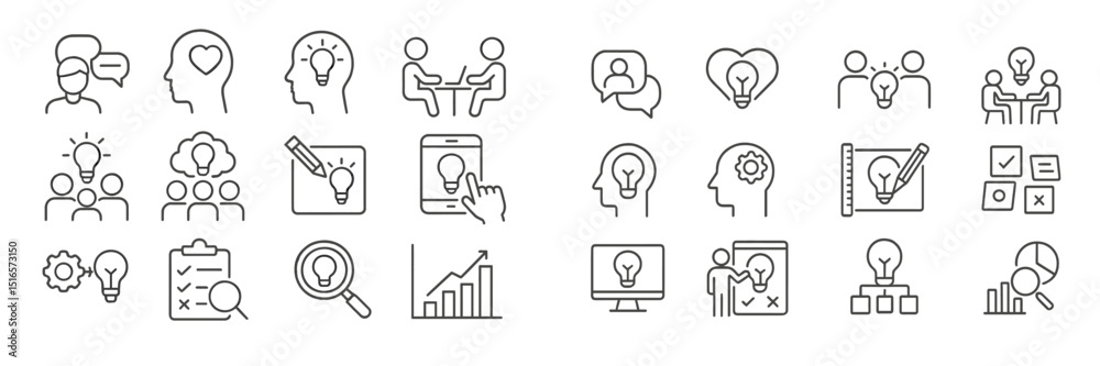 Poster modern icons illustrating teamwork, creativity, and brainstorming concepts in a collaborative enviro