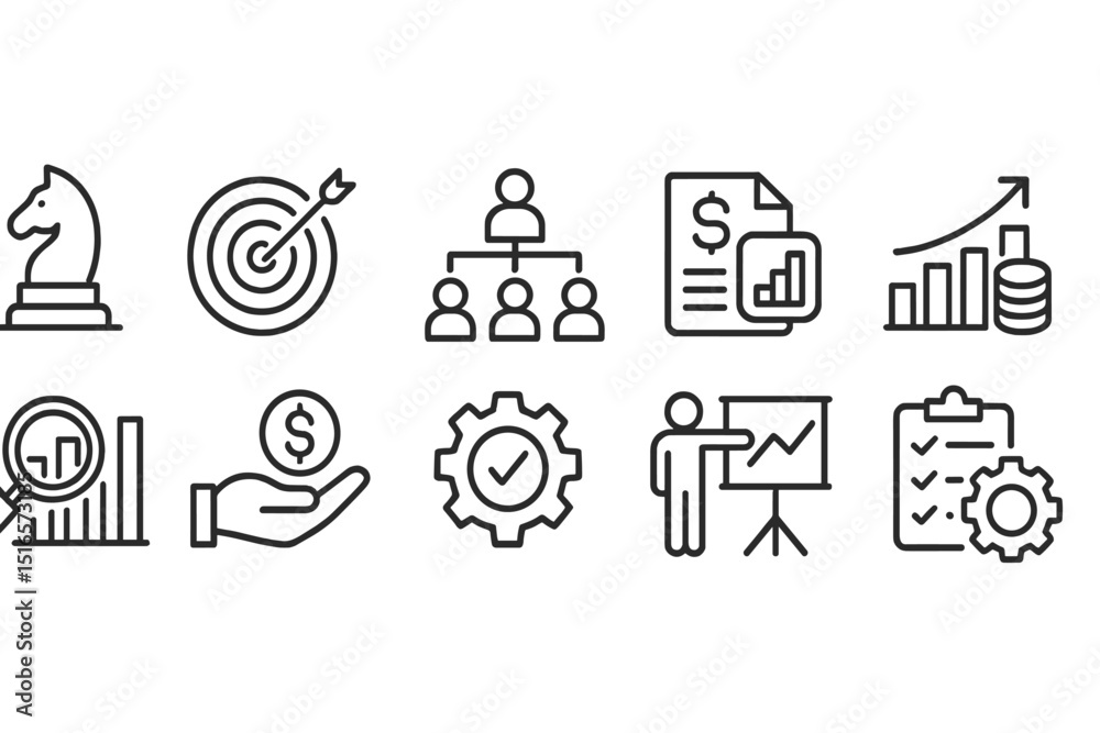 Poster business strategy and growth icons illustrating key elements of planning and performance in a corpor