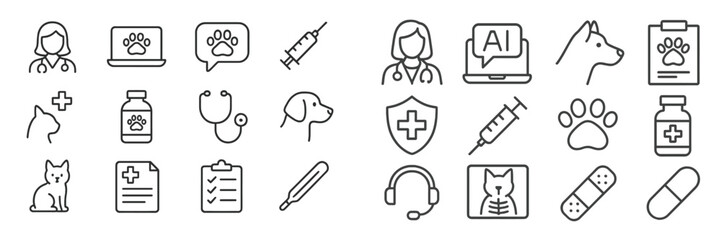 Various veterinary symbols representing pet care and health services for animals in a modern veterinary clinic environment