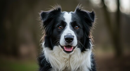Fototapeta premium A black and white dog with a happy expression, stares intently at the camera. Its fur is thick and its eyes are bright