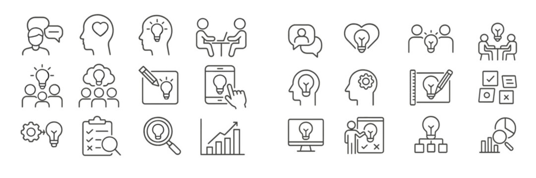 Modern icons illustrating teamwork, creativity, and brainstorming concepts in a collaborative environment