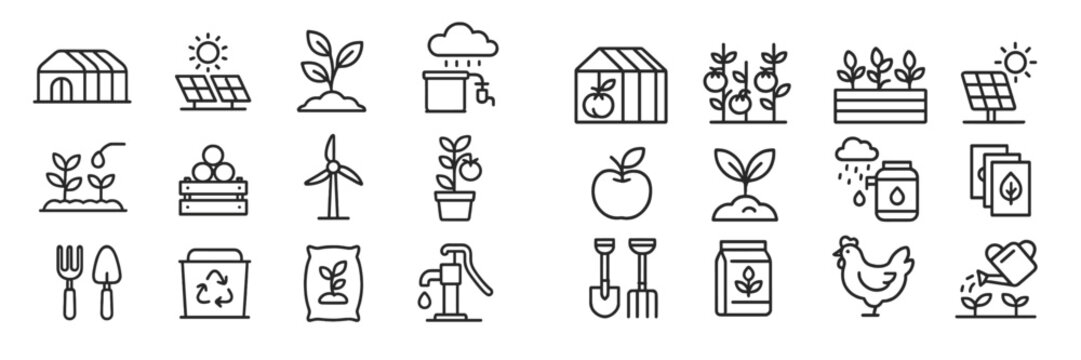 Collection of farming icons showcasing sustainable agriculture practices in a modern context