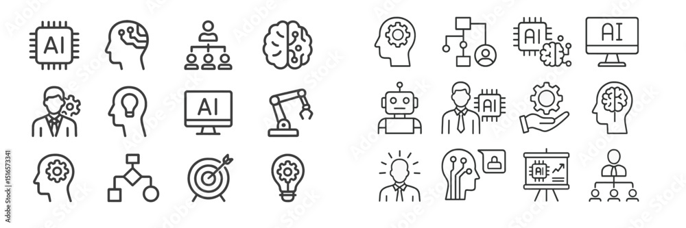 Poster Diverse set of AI technology icons illustrating concepts of artificial intelligence and machine learning