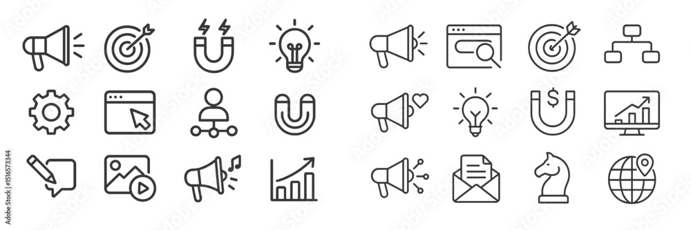 Poster collection of business and marketing icons showcasing various concepts like target, magnet, and inno
