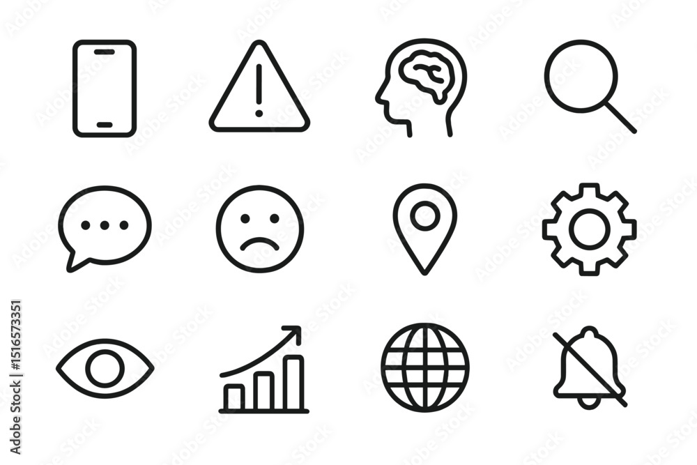 Poster Collection of simple icons depicting technology, communication, and global connection concepts in minimalistic design