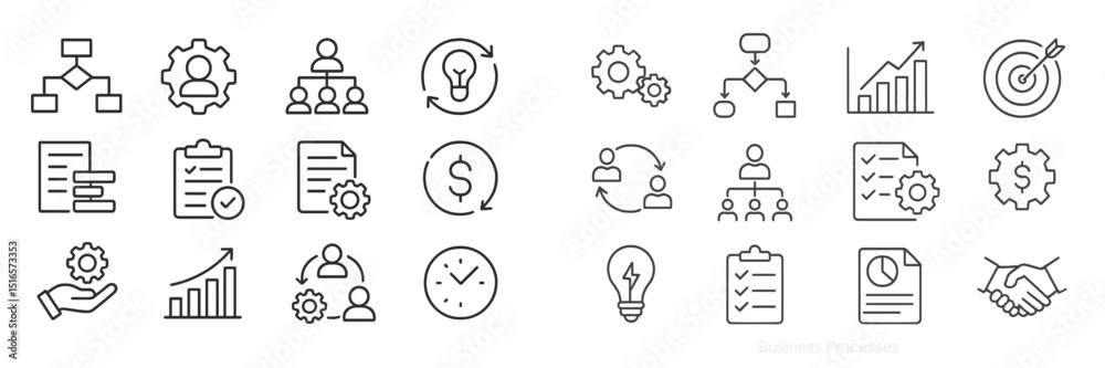 Aufkleber collection of business process and workflow icons illustrating teamwork, analytics, and project mana