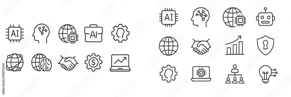 Poster Exploring connections between artificial intelligence and technology through various icons and symbols in a minimalist design