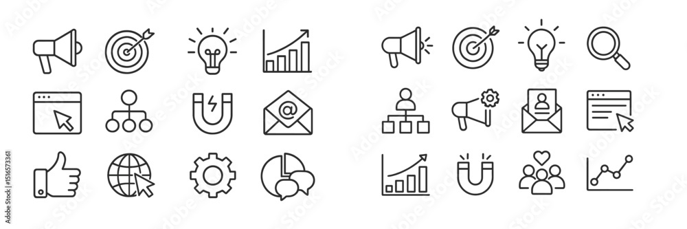Poster collection of simple line icons depicting marketing strategies and business concepts in a minimalist