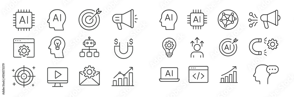 Poster Collection of minimalist icons representing artificial intelligence concepts, technology, and business analytics