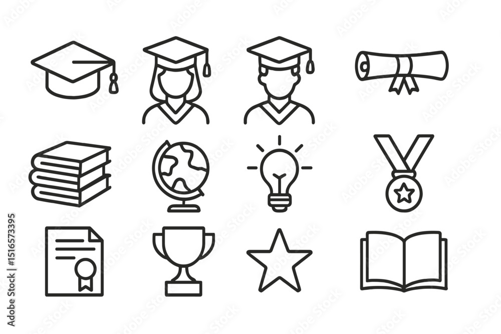 Poster educational icons representing achievement, knowledge, and learning tools in a minimalist design sty