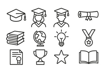 Educational icons representing achievement, knowledge, and learning tools in a minimalist design style