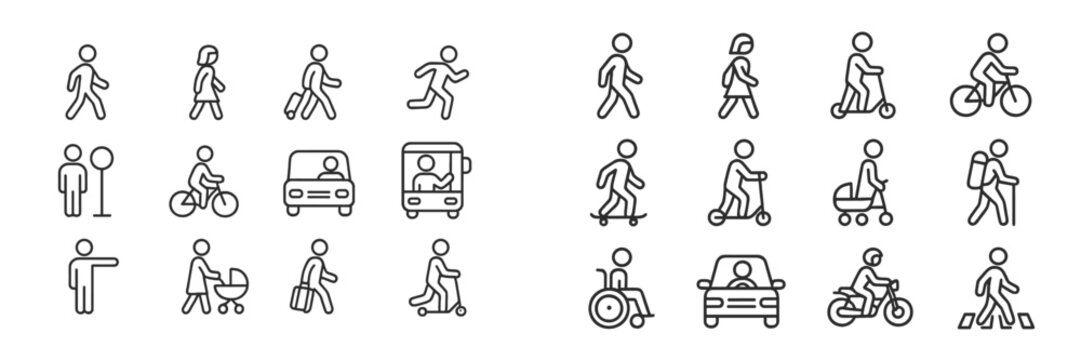 Variety of transportation and movement icons showcasing different activities and modes of travel