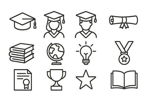 Educational icons representing achievement, knowledge, and learning tools in a minimalist design style
