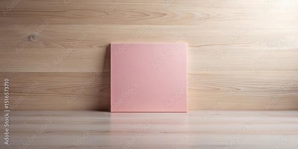 Poster a pale pink rectangular block rests against a light wood backdrop, offering a minimalist display for