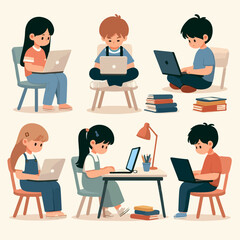 Minimalist flat vector of kids learning online with laptops, light background