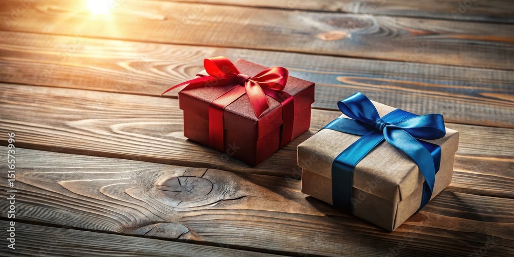 Poster two elegantly wrapped presents with vibrant ribbons rest on a rustic wooden surface, bathed in warm 