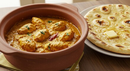 Delicious Indian Chicken Curry with Naan Bread and Butter on Table