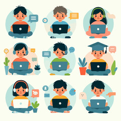 Minimalist flat vector of kids learning online with laptops, light background