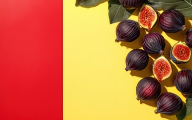 Whole and halved ripe figs on yellow-red surface with green fig leaves.