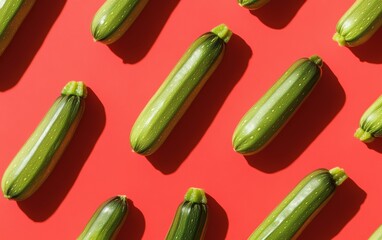 Top-down view of fresh zucchini pattern on vibrant red gradient background with hard shadows.