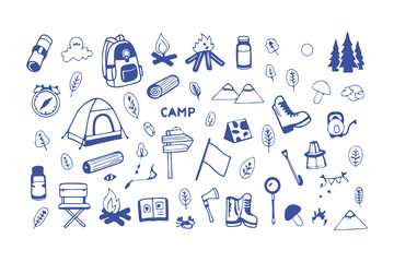 Hand-drawn camping and hiking doodle icons. tent, backpack, boots, map, compass, lantern, gear, and outdoor elements for adventure designs