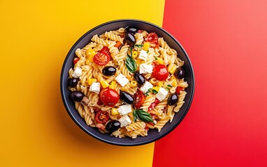 Fusilli pasta salad with cherry tomatoes, feta, olives, herbs on dark plate on orange-red background.