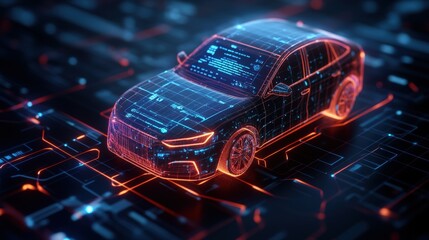 Advanced digital car technology concept with holographic interface and glowing data lines in futuristic style