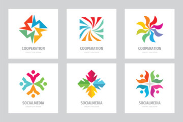 Obraz premium Teamwork vector logo set creative illustration. People group sign. Social media symbol. Friendship concept. Cooperation icons. Graphic design elements