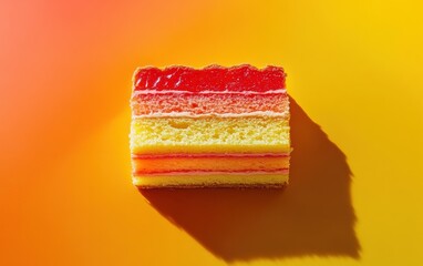 Piece of sponge cake with red, orange and yellow layers with jelly and white cream on orange gradient background.