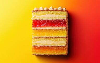 Piece of sponge cake with red, orange and yellow layers and white cream on yellow-red gradient background.