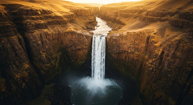Palouse Falls Plunging into a Dark Pool, Golden Light Illuminating Canyon Walls