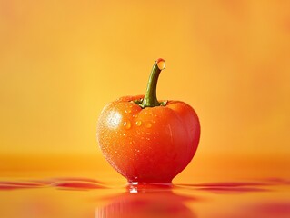 Obraz premium Duotone Red Bell Pepper on Orange Gradient: Falling Water Droplet with Negative Space Design