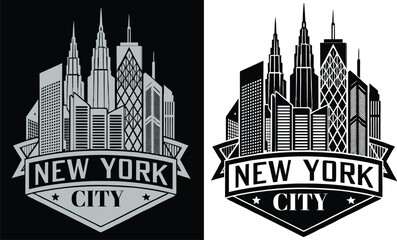 Naklejka premium NEW YORK CITY vector T-shirt design, bold lines. Empire State, One WTC, bus, taxi, street view. 