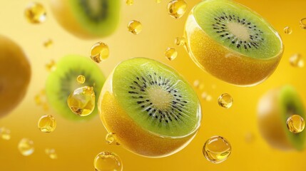 cross-section of kiwis floating in semi-transparent yellow liquid with glowing splash trails, futuristic fruit pattern 