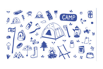 Hand-drawn camping and hiking doodle icons. tent, backpack, boots, map, compass, lantern, gear, and outdoor elements for adventure designs
