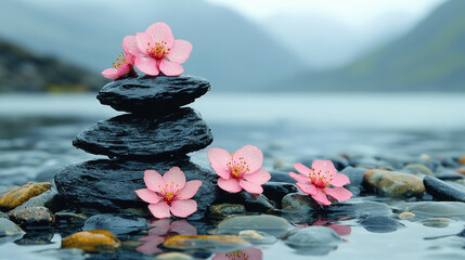 A beautiful arrangement of smooth stones topped with delicate pink flowers, set against a serene water backdrop, evoking tranquility and harmony in nature