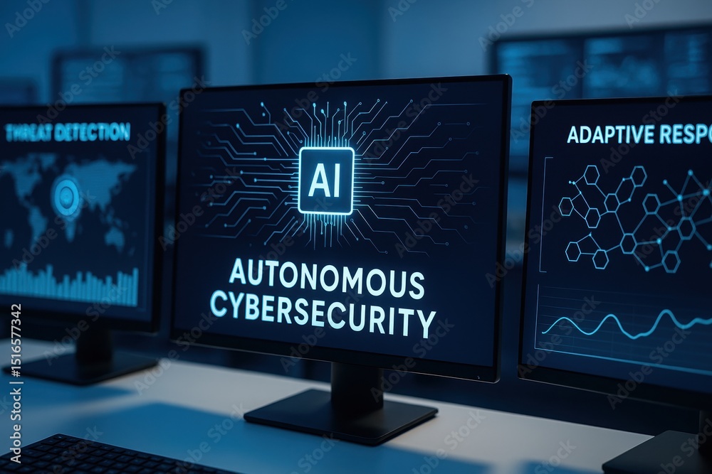 Poster monitor screens displaying autonomous cybersecurity technology with ai-driven threat detection and adaptive response analytics in a modern office environment