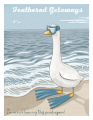 Funny postcard with cartoon goose in flippers and goggles at the beach, humorous summer travel illustration © Юлия Ткачева