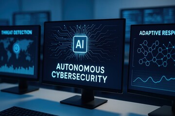 monitor screens displaying autonomous cybersecurity technology with ai-driven threat detection and adaptive response analytics in a modern office environment