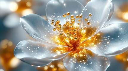 A mesmerizing close-up of a white flower adorned with golden sparkles, showcasing soft light and intricate details, perfect for nature and beauty themes